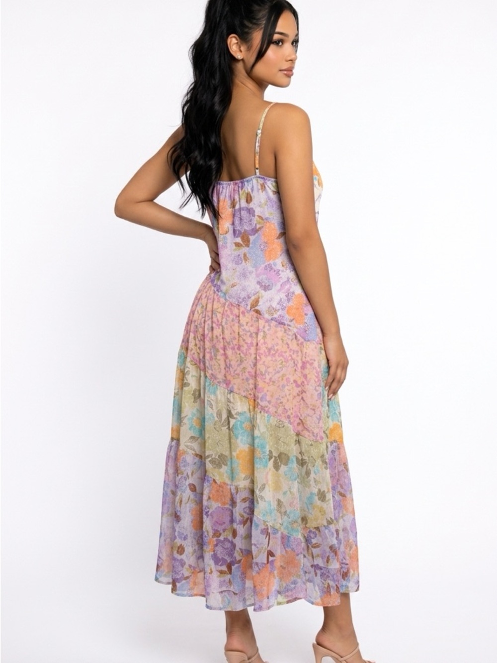 Mystree Floral Patchwork Tiered Maxi Dress - Pastel Multi Women’s size medium - Picture 2 of 8